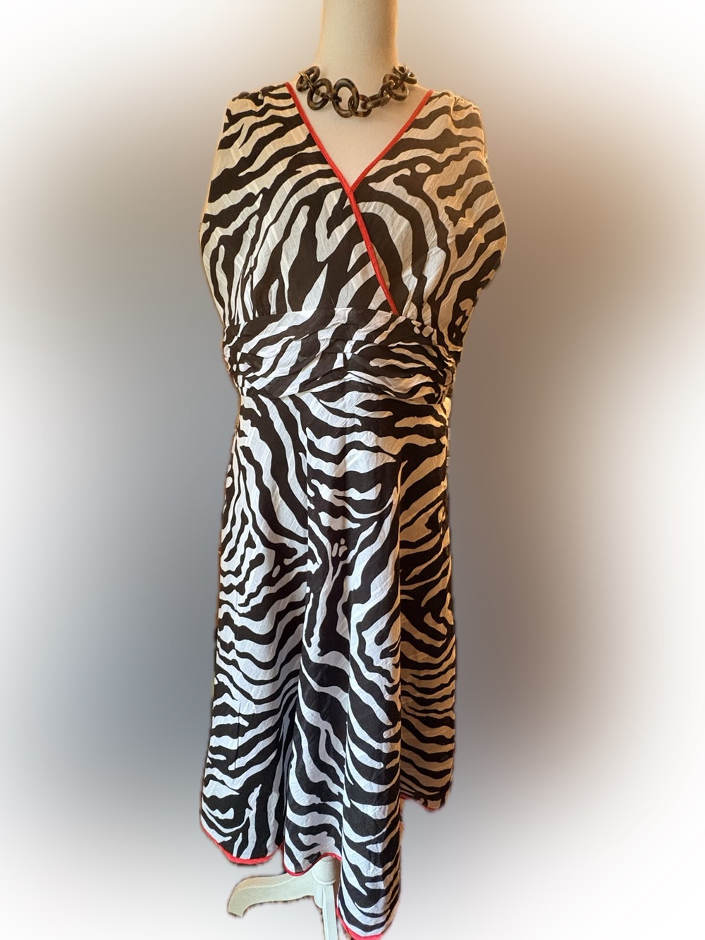 Robbie Bee Black and White Cotton Zebra Dress with Red Trim